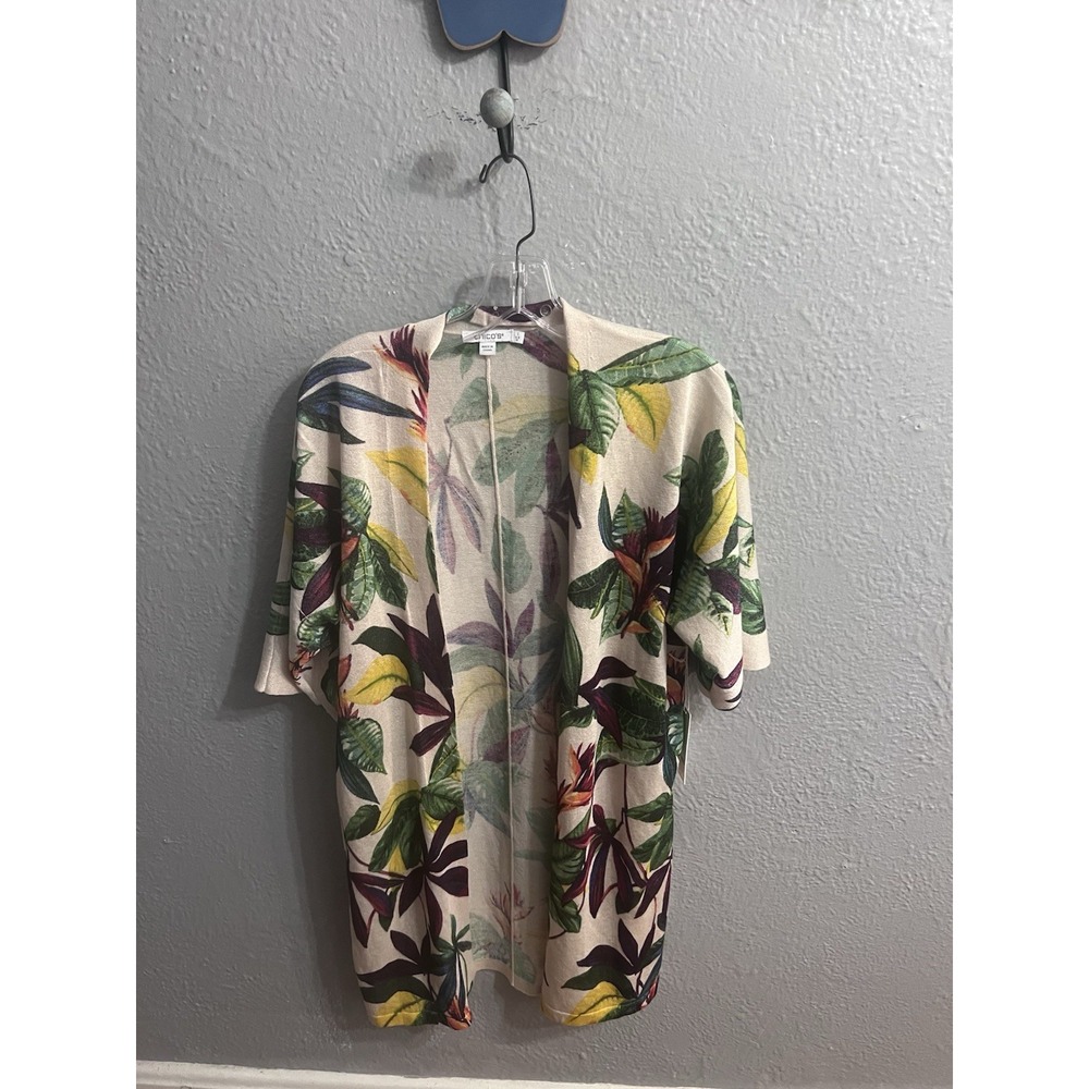 Chicos Tropical Leaf Print Open Front Cardigan Short Sleeve Size 1